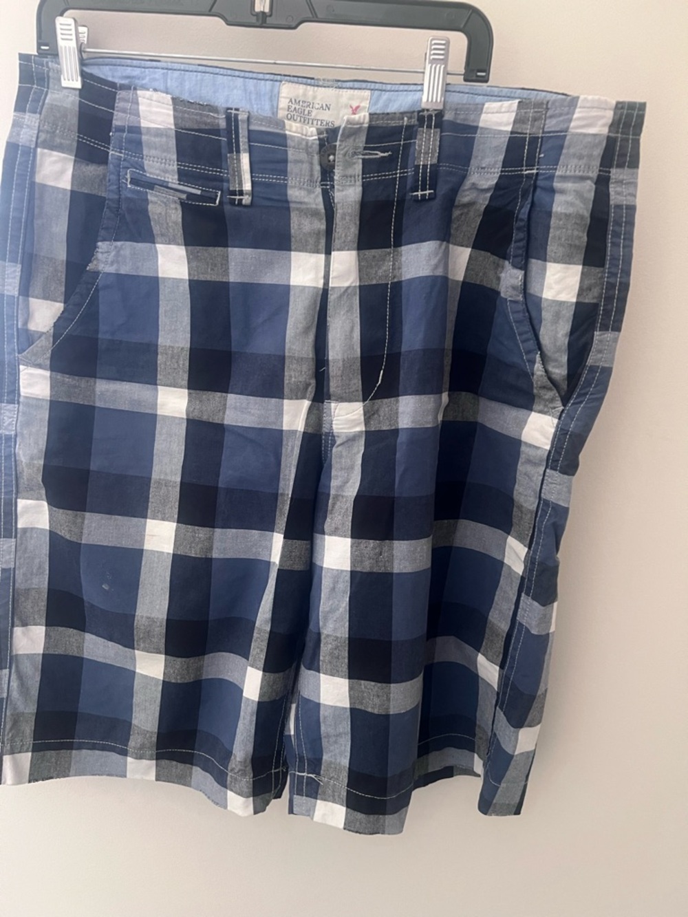 American Eagle Outfitters Navy and White Plaid Flat-Front Shorts